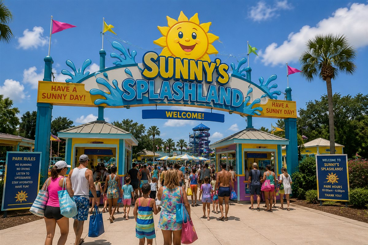 Families arriving at the Splashland front gate at opening time