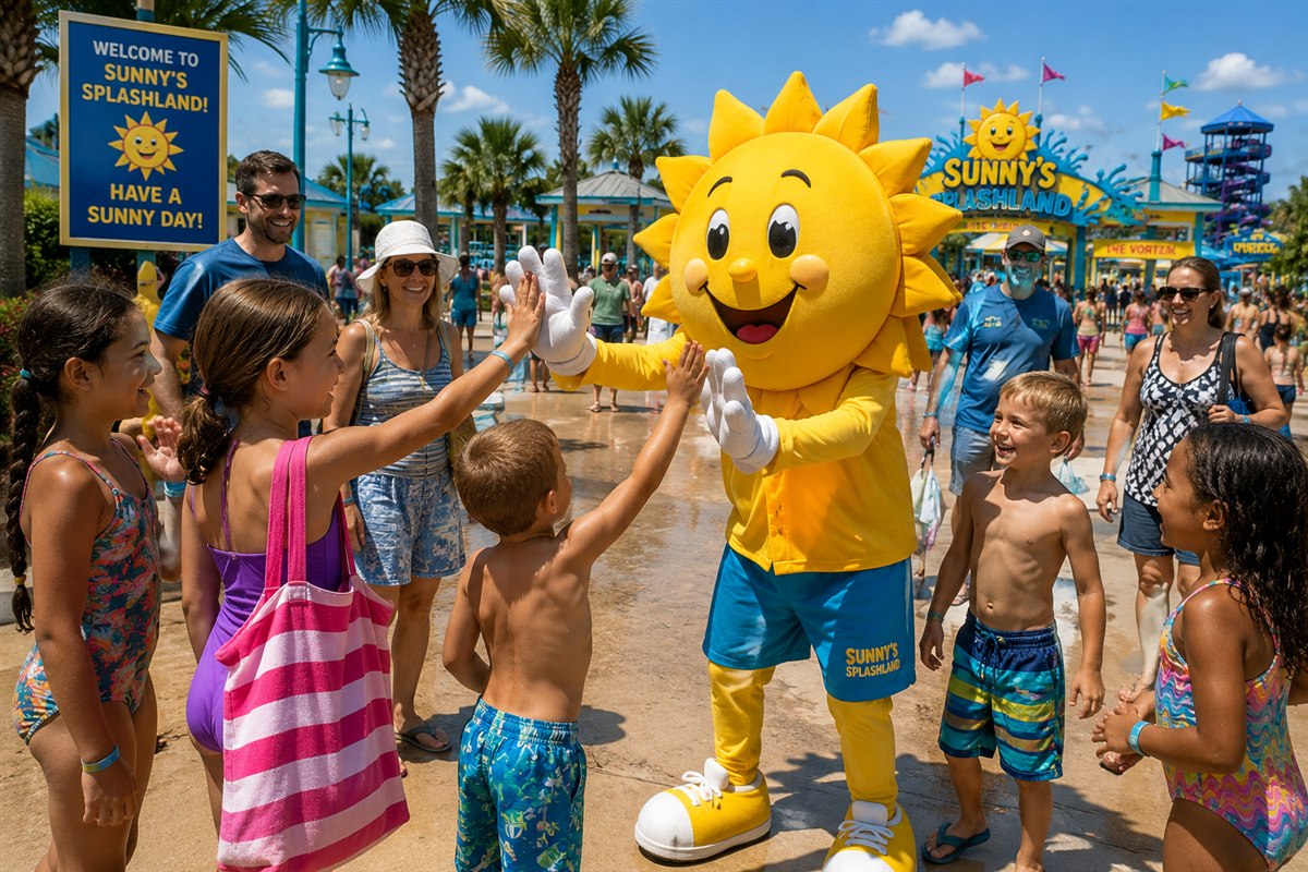 Sunny the mascot greeting guests