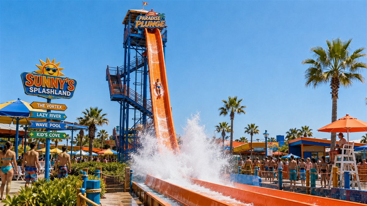 Paradise Plunge, a steep orange speed slide dropping into a splash lane