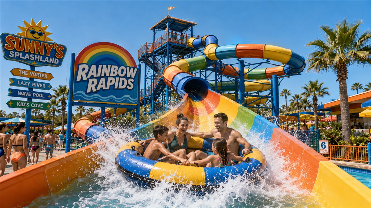 Rainbow Rapids, a four-seat family raft ride winding through rainbow-striped tunnels
