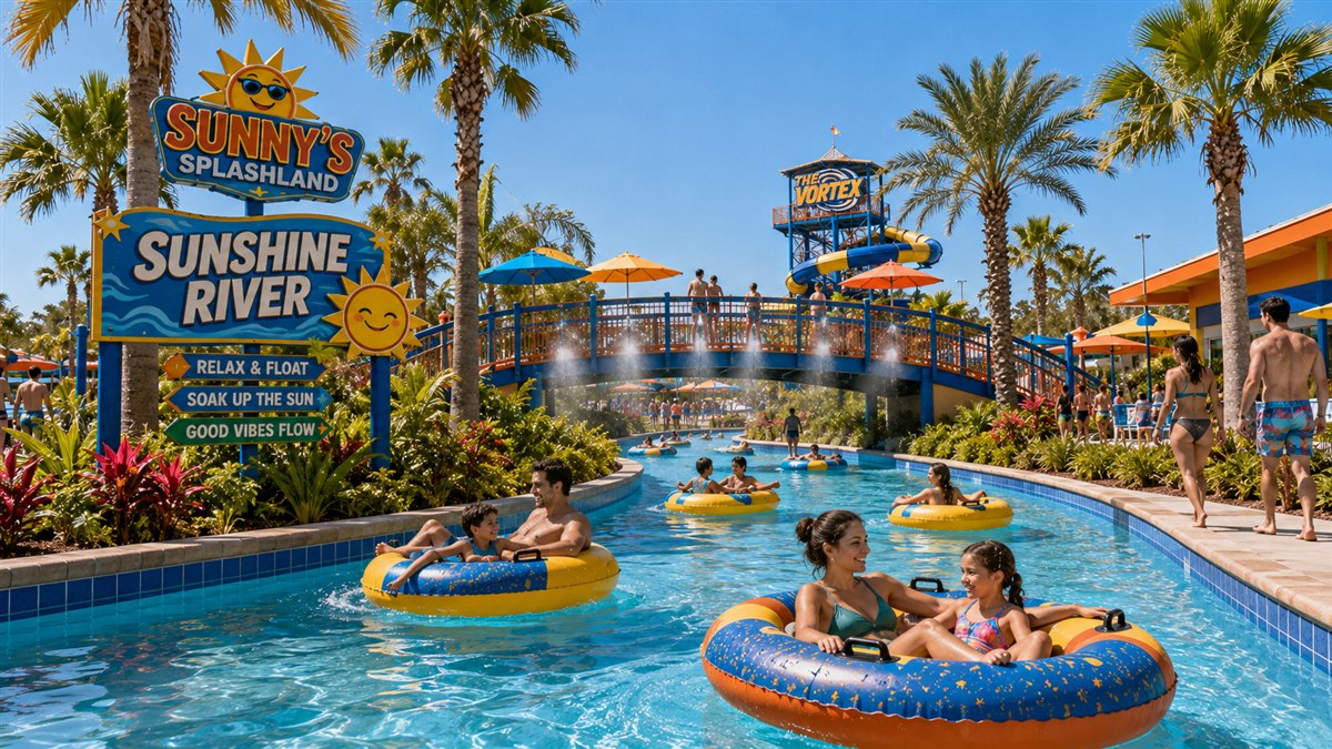 Sunshine River, a slow lazy river drifting beneath palm shade and misting bridges