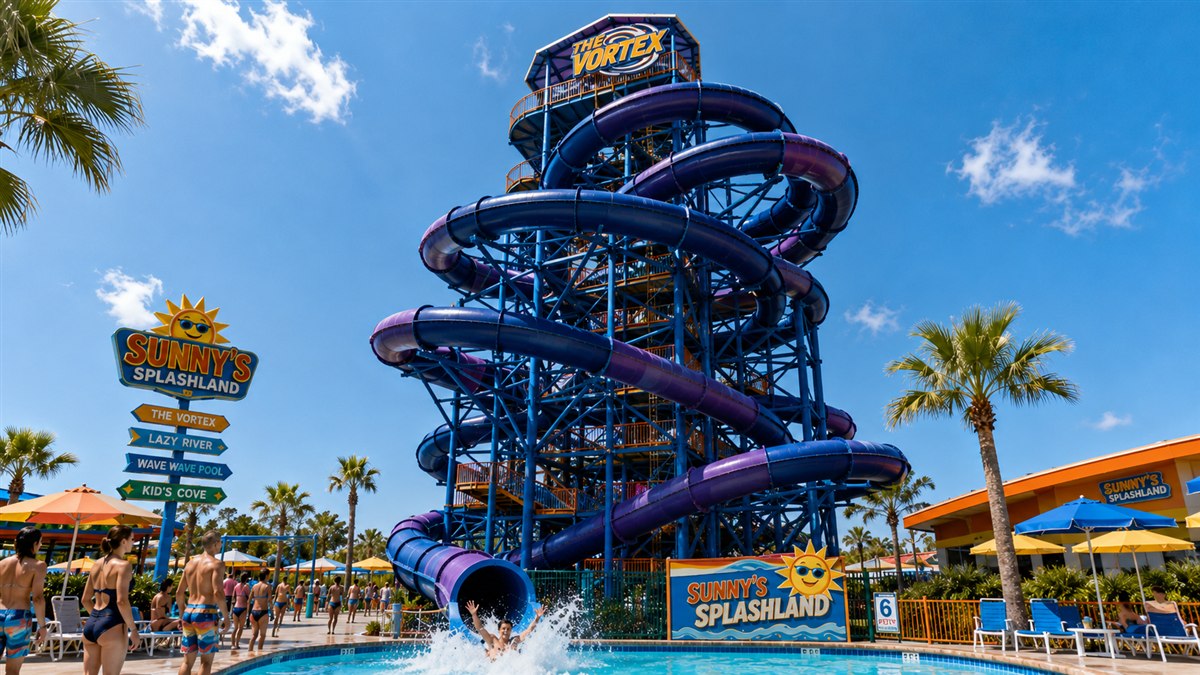 The Vortex, a six-story enclosed corkscrew waterslide towering over the park